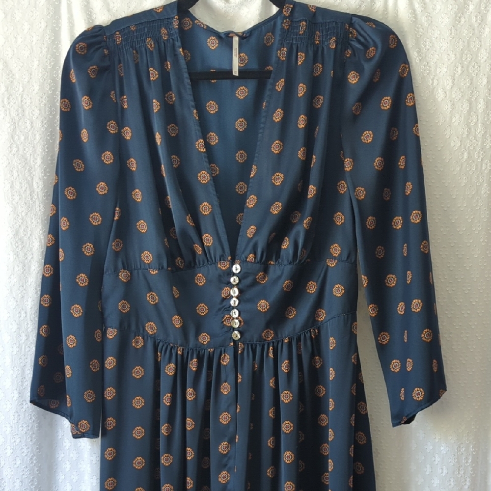 Free People Alexa Duster Navy And Tan Pattern, Women's XS - Picture 3 of 9